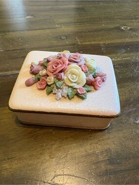 Dezine Rectangular Trinket Box 3D Hand Painted Floral Design Jewelry Shabby Chic